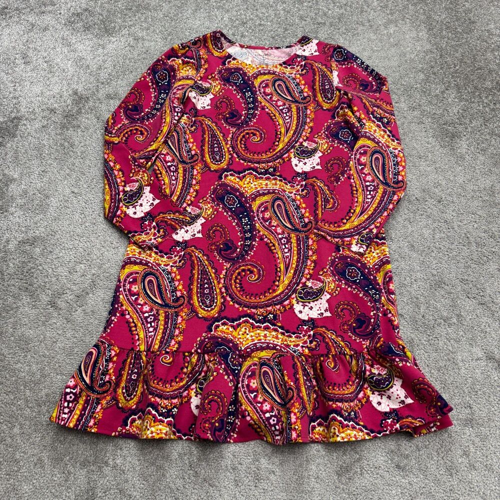 Lands' End Paisley Ruffle Hem Shift Dress Womens XL Pink Long Sleeve Boho Casual